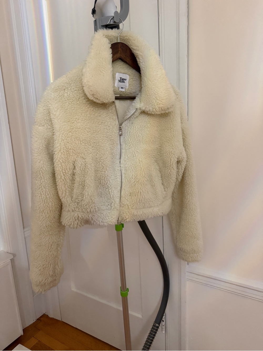 Tiger Mist Cream Faux Shearling Cropped Zip Jacket